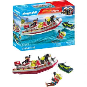 Playmobil 71464 Bateau de Pompier et Scooter des Mers - Action Hereos - avec Deux Personnages, Un Chien, Un Jet Ski, Un Bateau de Pompiers Flottant et des Accessoires - Ville & Métiers - Dès 4 Ans