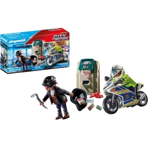Playmobil 70572 Policier avec Moto et Voleur - City Action - avec Deux Personnages, Un véhicule et Un Distributeur Automatique - Intervention Poursuite en Moto - Dès 4 Ans