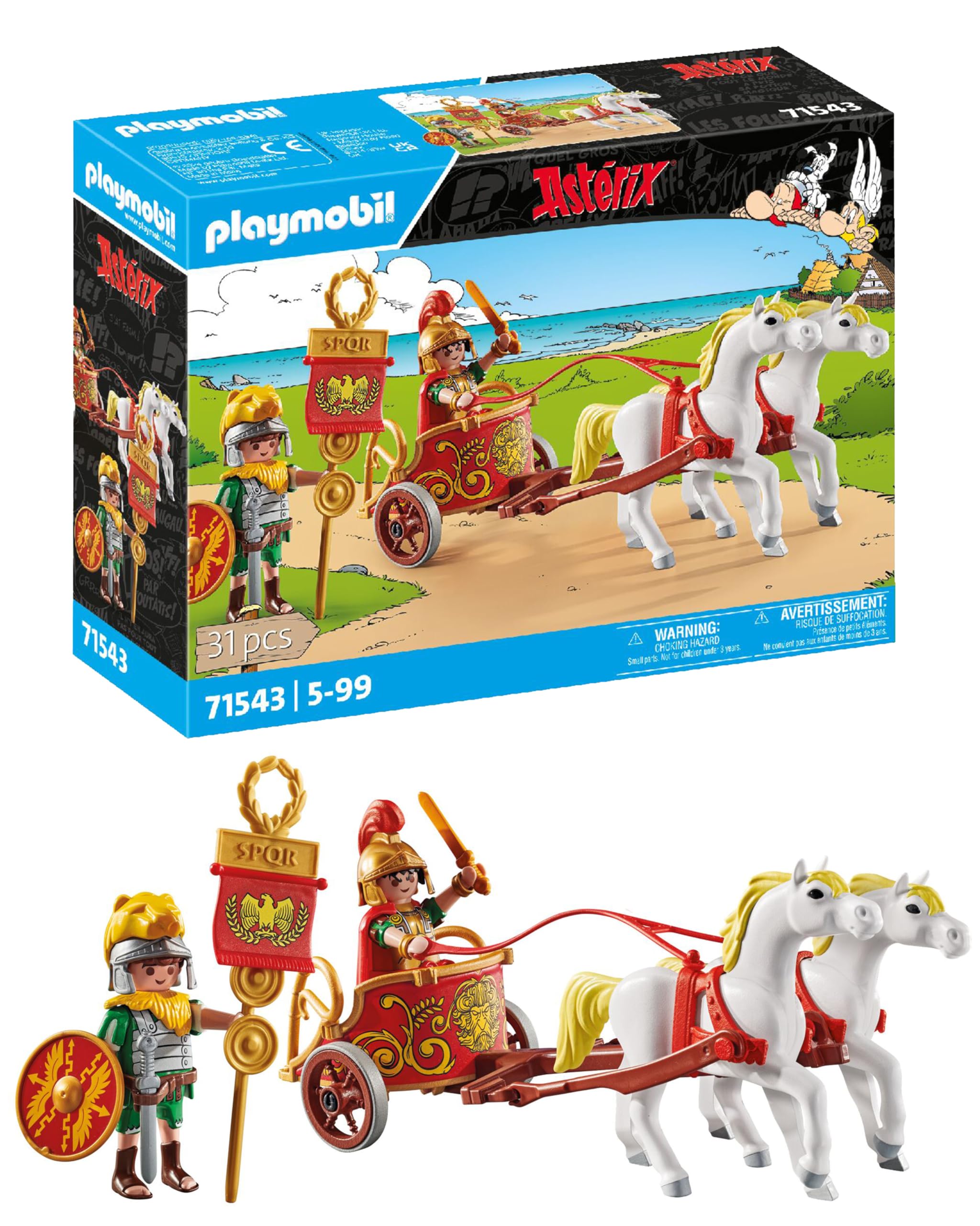 Char Romain Novelmore Astérix avec deux personnages et chevaux